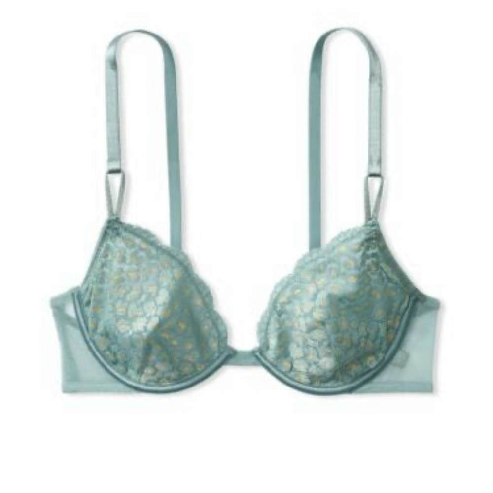 Victoria’s Secret Underwire Gold Metallic Lace Demi Bra Blue Size 32D NWT